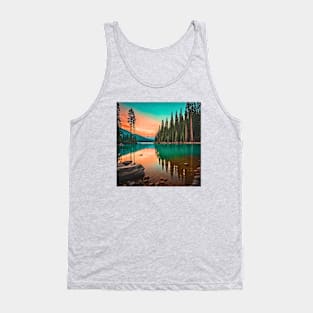 Serene Redwood Tree Forest and Lake Sunset Tank Top